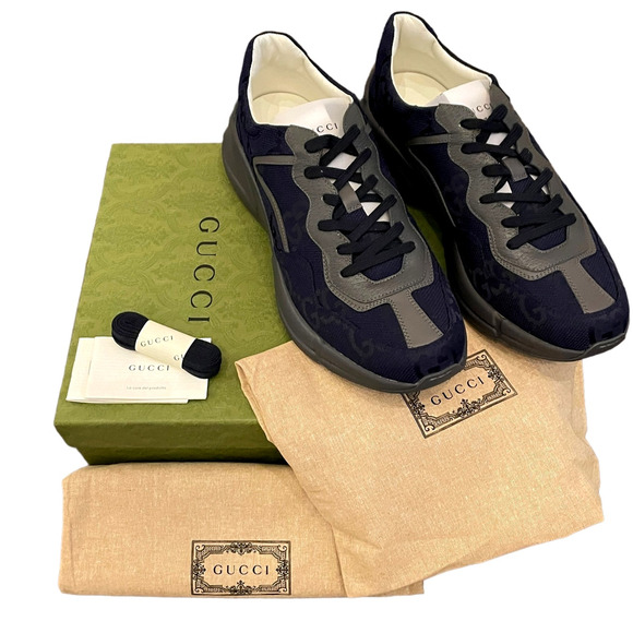 New GUCCI GG Supreme Maxi BLUE Gray Canvas Rhython Sneakers Men's 12 | US 12.5 - Picture 1 of 16